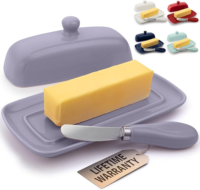 Zulay Butter Dish With Lid For Countertop - Porcelain, Ceramic Butter Dish with Knob Handle Great for Cooking - Elegant Design Butter Holder - Durable & Sturdy Butter Keeper - Periwinkle