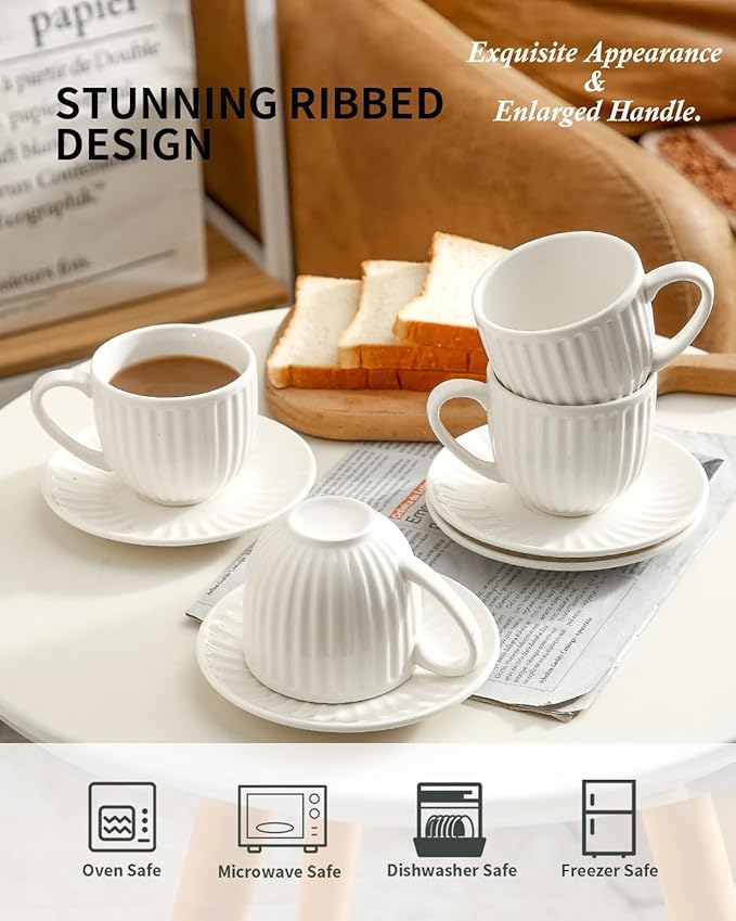 Ceramic Espresso Cups with Saucers 8 Oz,Set of 4 Porcelain Demitasse Cups Set,Small Coffee Cups with Handle for Coffee,Tea,Latte and Macchiato,Cappuccino Mugs for Kitchen and Cafe,White