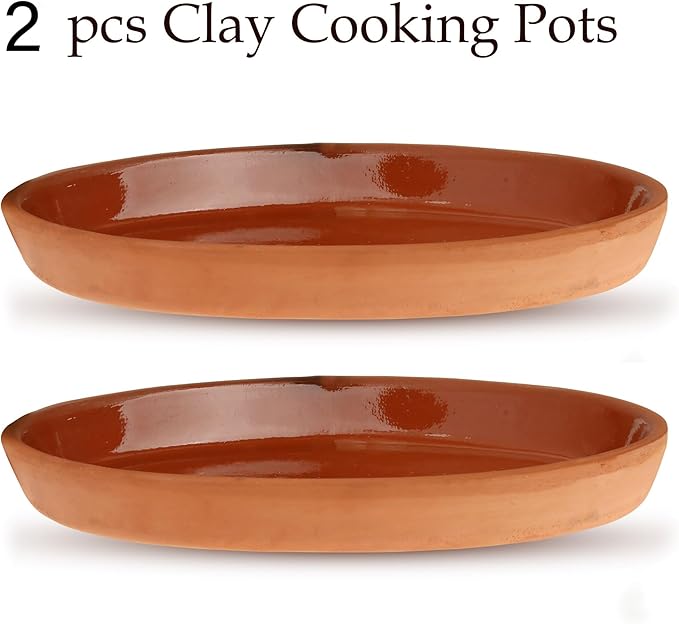 Clay Pot for Cooking - Meat, Fish, Vegetables Pans Set of 2 - Terracotta Mexican Pottery, Indian Cooking Pots, Oven Safe, Premium Quality Clay Cookware, Baking Pan, Meat, Fish Cooking Pan