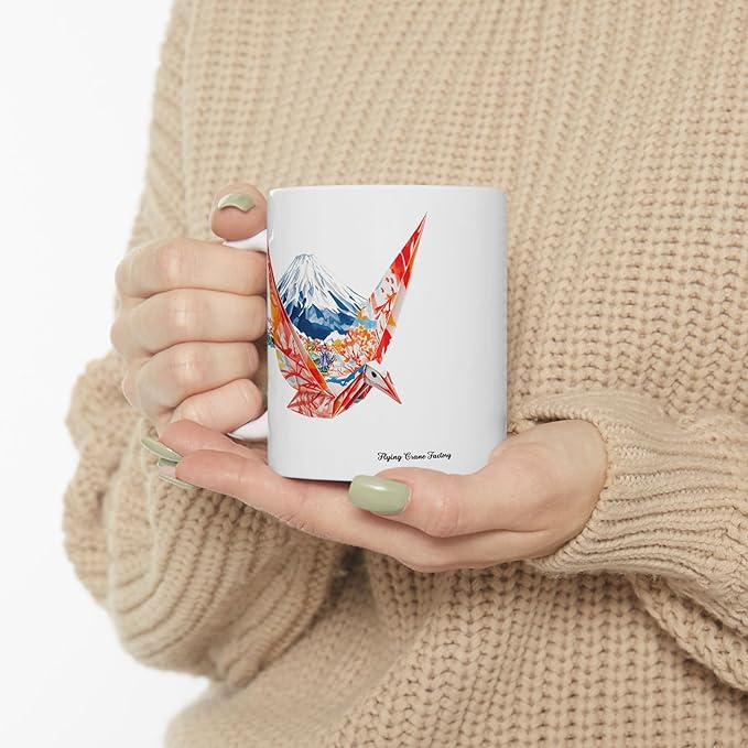 Origami Crane Mug, Kawaii Fuji Japanese Culture Coffee Cup, Tea Mug, Gift for Japan Lover, Cute Ceramic Tumbler, Asian Art