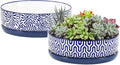 Selamica Ceramic Succulent Pots, Shallow Succulent Planters with Drainage Hole & Saucer, Indoor Plant Pots for Cactus, Home Decor，Vintage Blue, 8 inch，Set of 2