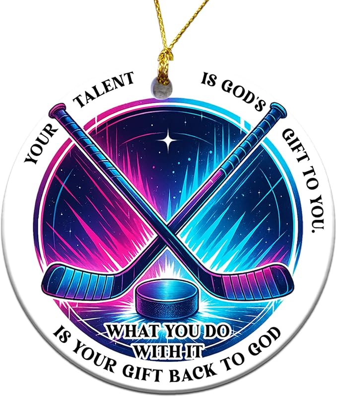 Ice Hockey Christmas Ornament -Round Ceramic 3", Holiday Tree Decoration Keepsake, Hockey Player for Boys Girls