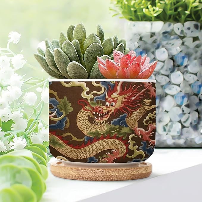 1 Piece Antique Chinoiserie Dragon Small Ceramics Pots for Plants Asian Style Chinoiserie Houseplant Pot for Succulent Dragon Gold Oriental Style Asian Ceramics Planters for Indoor