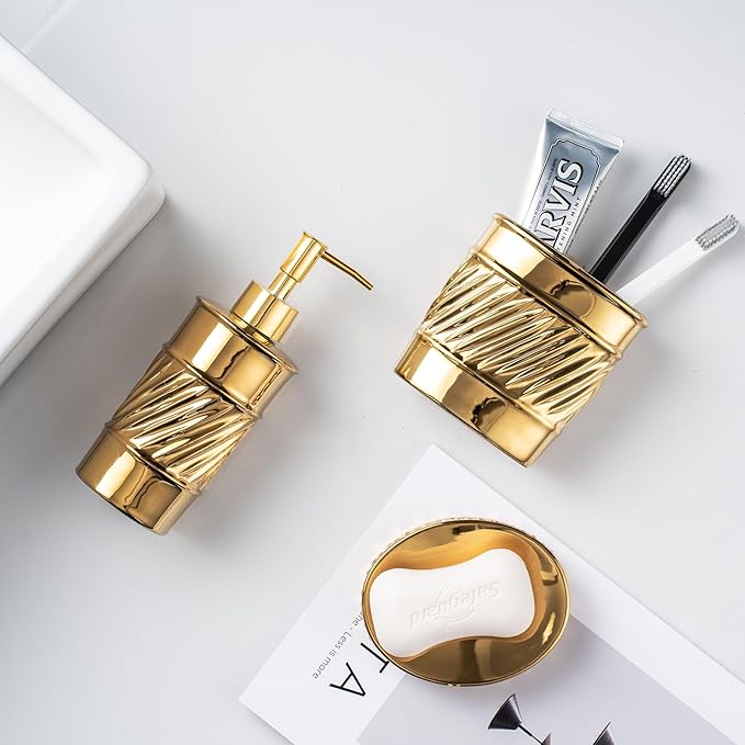 3-Piece Ceramic Bathroom Accessories Set - Soap Dispenser, Toothbrush Holder & Soap Dish with Modern Wave Embossed Design for Bathroom Accessory Set (Gold)