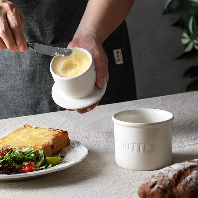 Butter Crock with Lid for Countertop - Ceramic French Butter Dish for Spreadable Soft Butter, Butter Container Holder with a Water Seal, Housewarming Gift, Kitchen and Home Decor, Speckled White
