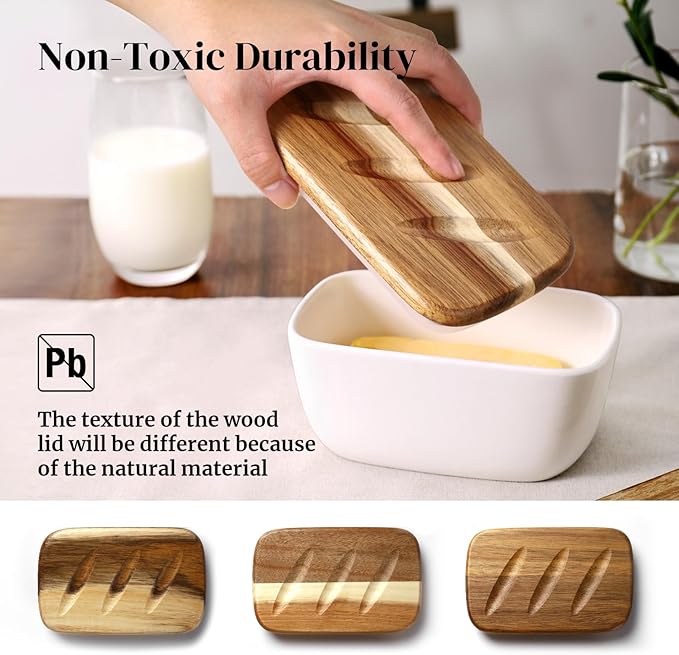 DOWAN 6.5" Large Butter Dish - Ceramic Butter Dish with Lid for Countertop - White Butter Keeper Holds Up to 3 Sticks - Butter Holder and Container with High-Quality Silicone Sealing