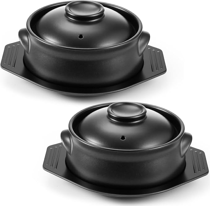 2 Pcs Korean Stone Pot Clay Cooking Pot Set Ceramic Sizzling Hot Bowl Korean Bibimbap Soup Dolsot Bowl with Lids for Ttukbaegi and Koreans Stew (38 oz)