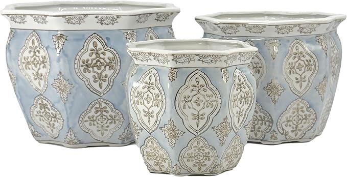 Galt International Light Blue & White Round Fluted Floral Porcelain Ceramic Plant Flower Planter Pot Set of 3 (7.5", 10", 13") Garden Pots Chinese Asian Design