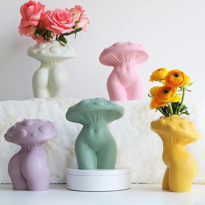 GUGUGO Mushroom Lady Body Vase for Flower, Funky Mushroom Decor, Eclectic Lady Form Butt Vases for Flowers, Unique Cute Face Head Room Decor Aesthetic for Modern Home, Gradient Head & Ivory Body