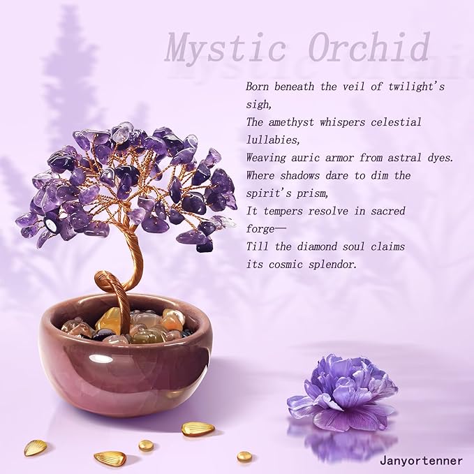 Mini Amethyst Crystals Tree of Life,Mystical Energy Home Office Desk Decor,Handmade Crystal with Copper Wire and Crackle Glaze Base,Spiritual Gift