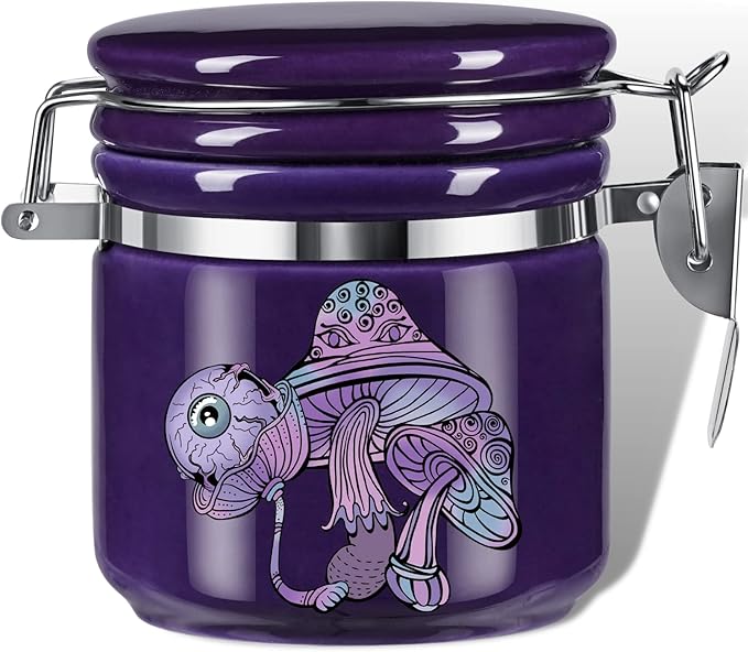 Mushroom Smell Proof Container Half Oz (250ml), Separate Space for Humidity Pack To Keep Herbs Fresh For Months - Cute Girly Stash Jar, Smell Proof Case Airtight Storage Holder Accessories - Purple