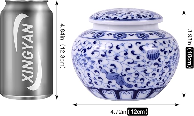 Traditional Chinoiserie Round Ginger Jars Blue and White Porcelain Series Ceramic Storage Jars with Sealed Lids,for Home/Kitchen/Dining Table Decoration (Leaves Jar)