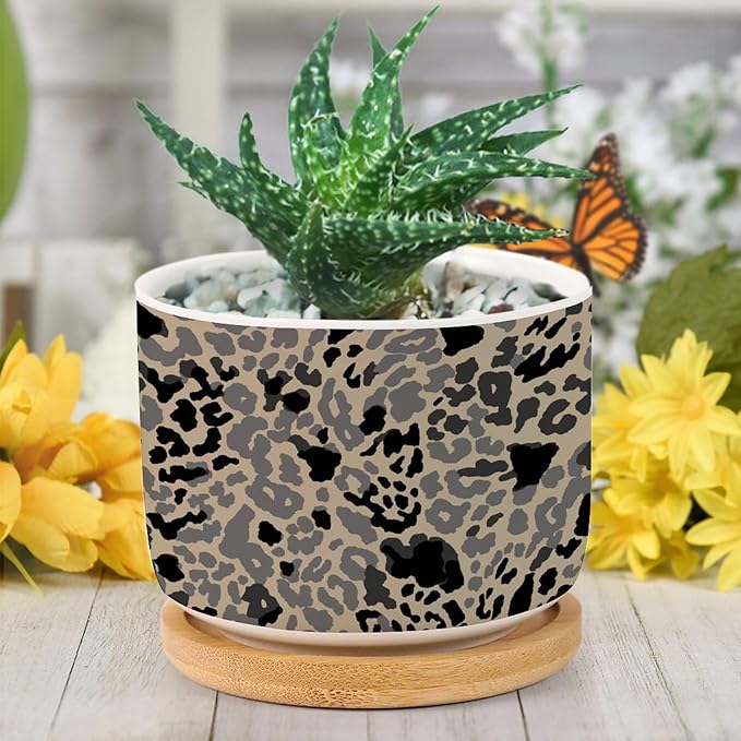 Leopard Black and Light Brown Dot Ceramic Planters African Tribal Animal Print Planters for Indoor Plants with Drainage Holes and Saucers Pot for Outdoor Garden Home Plant