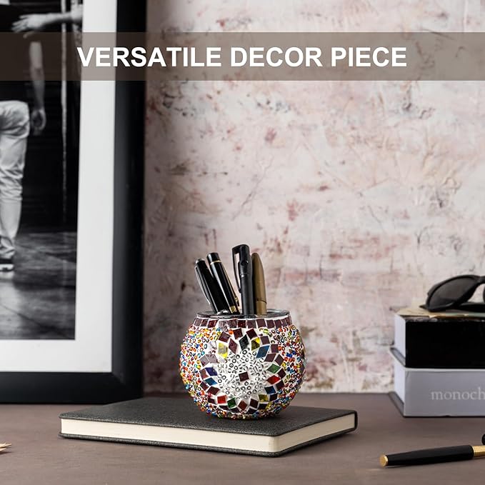 KAFTHAN Mosaic Glass Large Single Candle Holder - Round Bowl, Plant Pot, Votive Candle Holder - Decorative Vase & Unique Centerpiece for Wedding, Ball & Home - (3.7" x 3.5", Multicolor Star Circle)