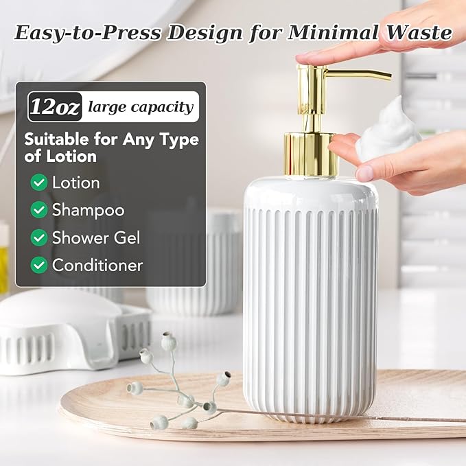 Ceramic Bathroom Accessories Set of 6 White, Soap Dispenser, Toothbrush Holder, Cup Holder, Soap Dish, 2 Qtip Holder, Countertop Vanity Organizer, Bathroom Accessory Set (White, Comb B)