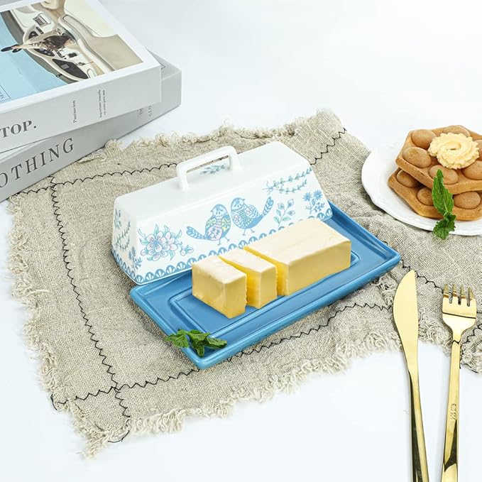 Sizikato Porcelain Butter Dish with Lid, Blue Flower and Bird Pattern-7.5 Inch