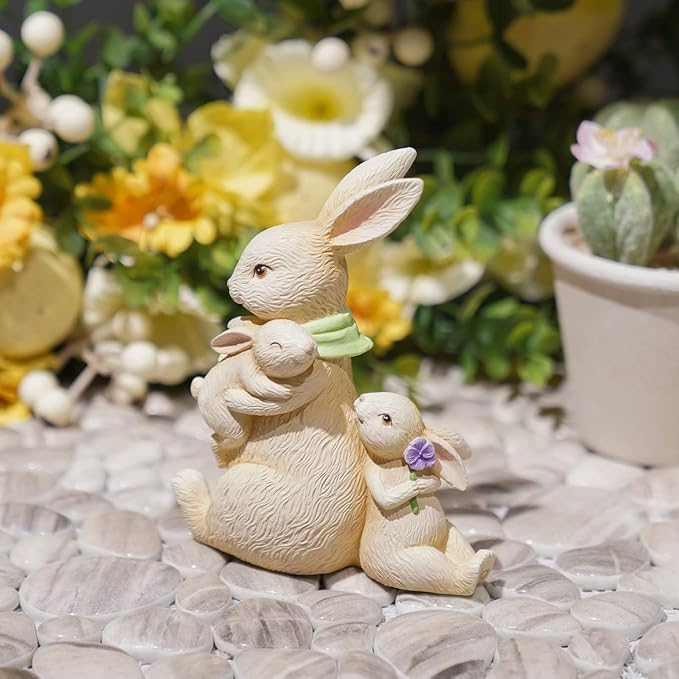 Newman House Studio Easter Decorations Family Bunny Figurines Spring-Decor - Resin Sitting Bunny Mom with Kids Tabletop Decorations for Home Farmhouse 3.5 * 1.5 * 4.5 inch