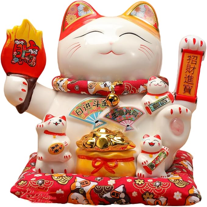 Chinese Ceramic Lucky Cat - Japanese Cat Waving Arm, Lucky Statue Cat Fortune Cat with Moving Arm, Good Luck Statue for Home, Office, and Store Decor