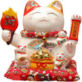 Chinese Ceramic Lucky Cat - Japanese Cat Waving Arm, Lucky Statue Cat Fortune Cat with Moving Arm, Good Luck Statue for Home, Office, and Store Decor