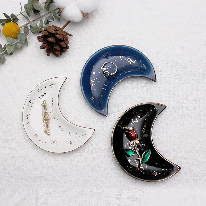Soddeph Small Moon Ceramic Jewelry Tray, Decorative Trinket Dish, Ring Holder Plate, Modern Accent Tray for Bathroom, Nightstand, Entryway Table, Vanity (2, Black)