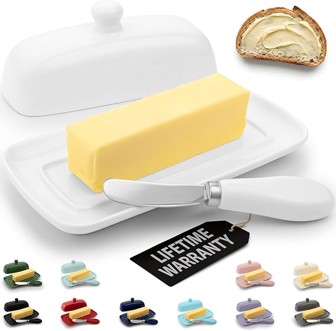 Zulay Kitchen Ceramic Butter Dish with Lid For Countertop & Stainless Steel Knife – Keeps Butter Soft & Fresh – White Butter Dish with Easy-Grip Knob, Durable & Everyday Butter Holder for Home - White