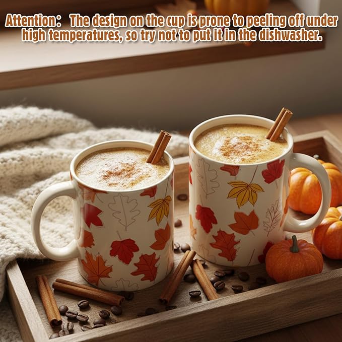 Sliner 11 oz Fall Ceramic Coffee Mugs Set of 2 Maple Leaf Thanksgiving Cup Gifts Festive Tea Cup Autumn Holiday Birthday Gifts for Men Women