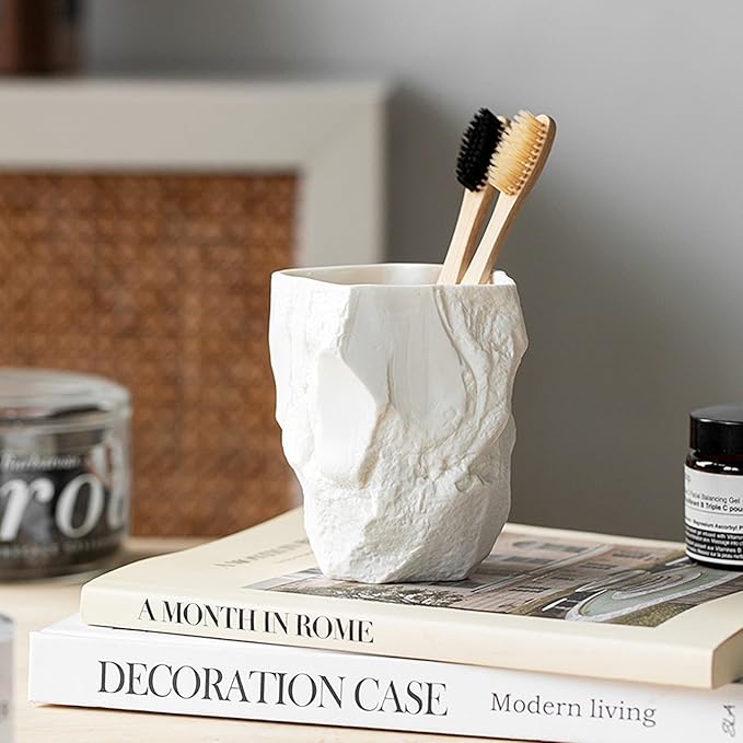 Hand-Sculpted Stone-Look Ceramic Toothbrush Holder, Matte White Tumbler for Bathroom Countertop, Natural Pen Holder or Makeup Brush Organizer
