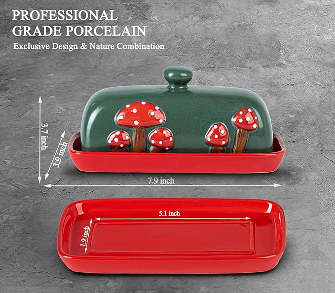 Mushroom Ceramic Butter Dish With Lid for Countertop - Red Container Tray, Large Covered
