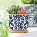 Blue Regalia Lion Ceramics Plant Pot Set of 1 Indigo Blue Flower Lion Asian Succulents Plants Live with Pot with Drainage Bamboo Trays Oriental Toile Chinoiserie Small Ceramics Planter