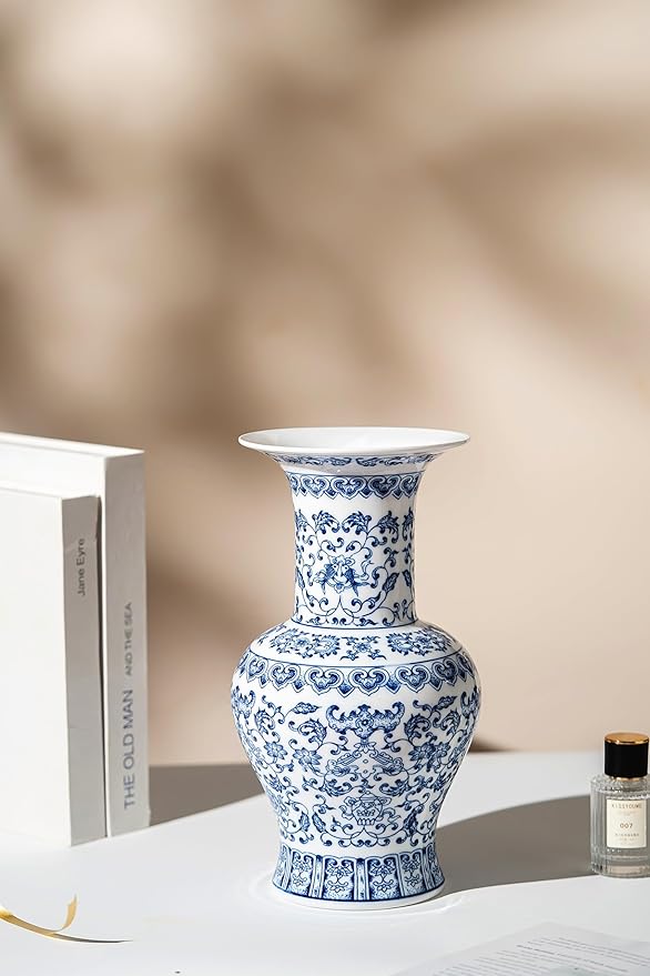Vintage Blue and White Porcelain Vase, Chinoiserie Ginger Jar Vase for Home Decor, Flower Vase for Tabletop, 12" H