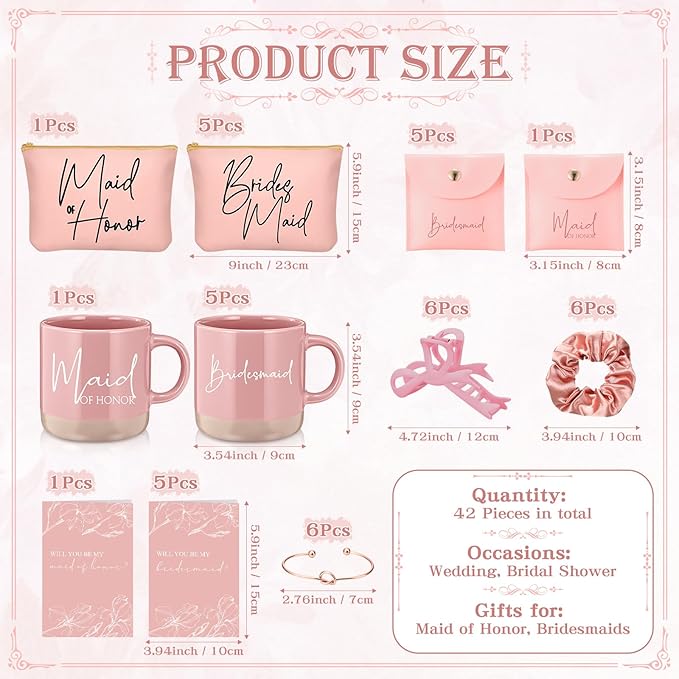 42 Pcs 6 Sets Wedding Favors Bridesmaid Proposal Gifts Maid of Honor Ceramic Coffee Cups Cosmetic Makeup Bags Invited Cards Scrunchies Knotted Bracelets Jewelry Bags Hair Claw Clips(Pink)
