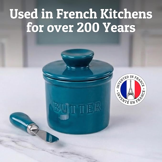PriorityChef Butter Crock with Lid with Water Line,Ceramic French Butter Dish to Leave On Counter, Teal Blue