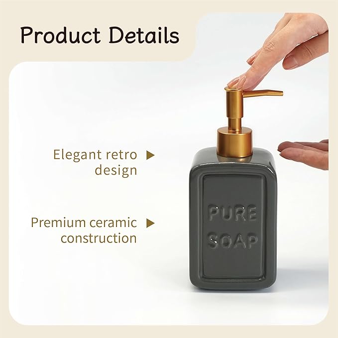 Ceramic Retro Soap Dispenser with Gold Pump, 15oz Capacity, Premium Ceramic Design for Bathroom or Kitchen (Grey)