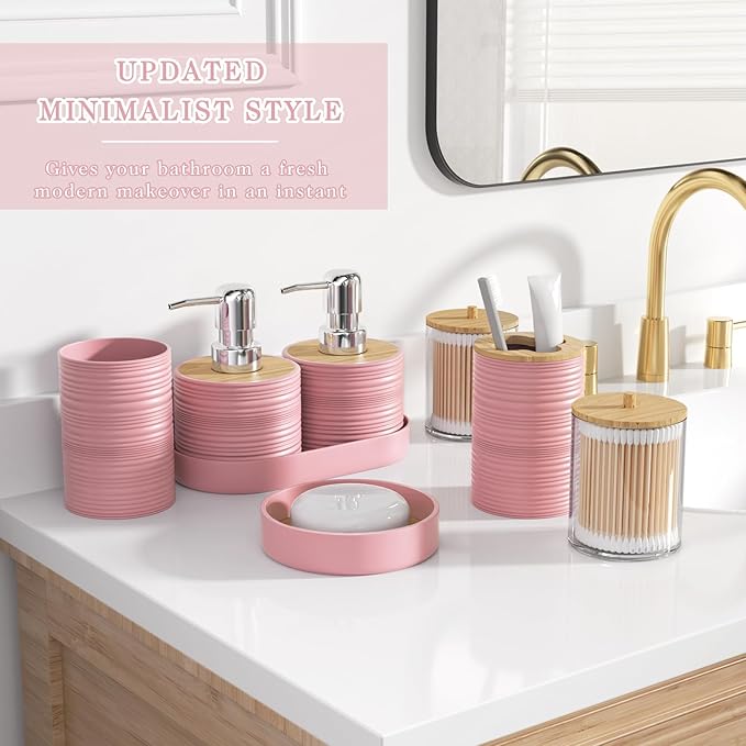 Pink Bathroom Set - 10PC Bathroom Accessories Set, Luxury Bathroom Accessory Set with Trash Can,Toilet Brush & 2 PC Soap Dispensers for Apartment Decor and Housewarming