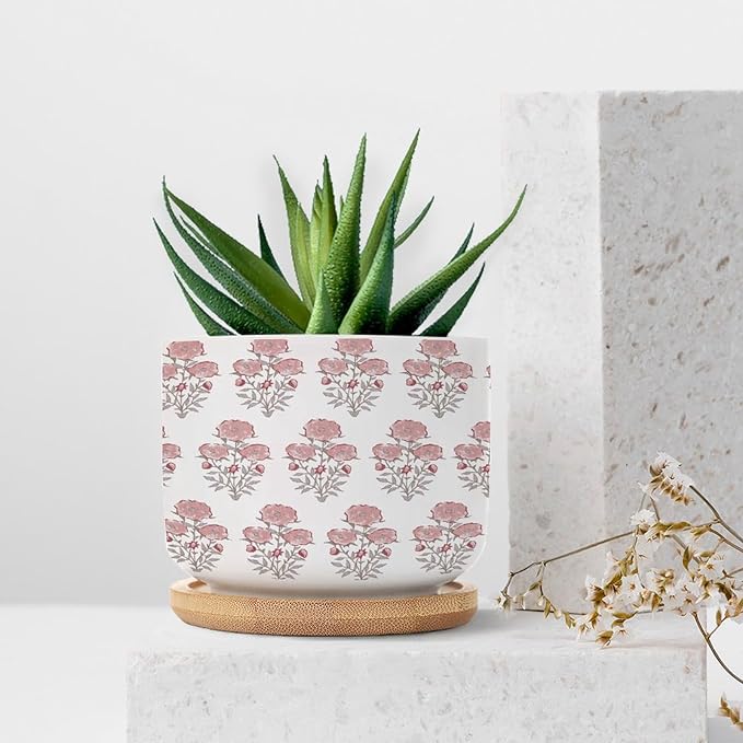 DreamAutumn Pink Flower Planter Ceramic Round Plant Pots with Drainage Holes and Bamboo Tray Planting Small Flower Pots for Home Windowsill Desk Garden Indoor Outdoor Use