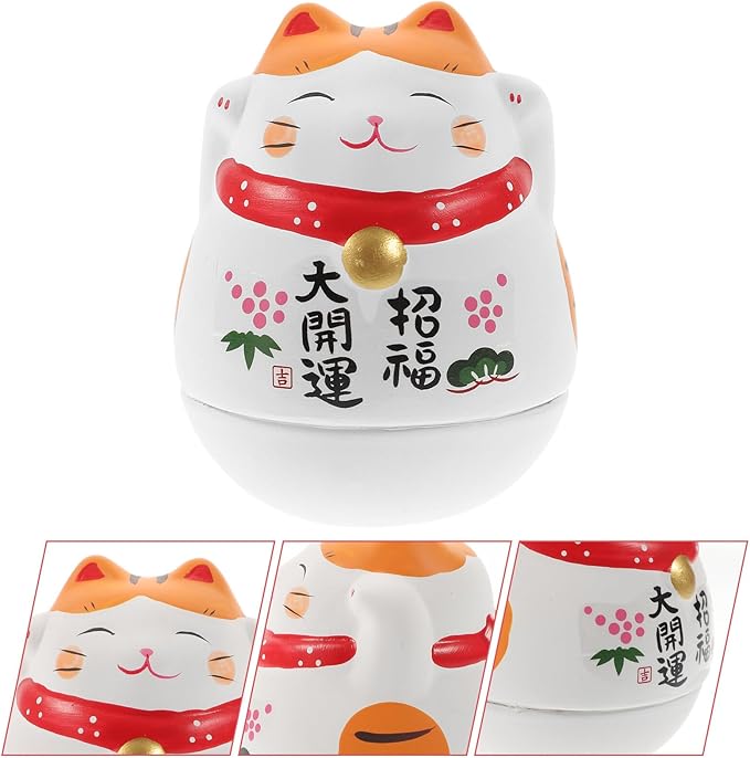 Alipis Ceramic Maneki Neko Lucky Cat Figurine White Tumbler Cat Ornament with Orange Ears Japanese Desktop Decoration Feng Shui Prosperity Home Office Decor