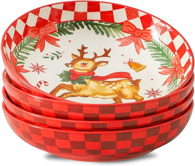 HASENSE Pasta Bowls Set of 4, 38 Ounce Ceramic Salad Serving Bowl for Kitchen,8.8 Inch Large Shallow Bowls for Pasta Soup Salad Dinners,Christmas Holiday Gatherings,Dishwasher & Microwave Safe