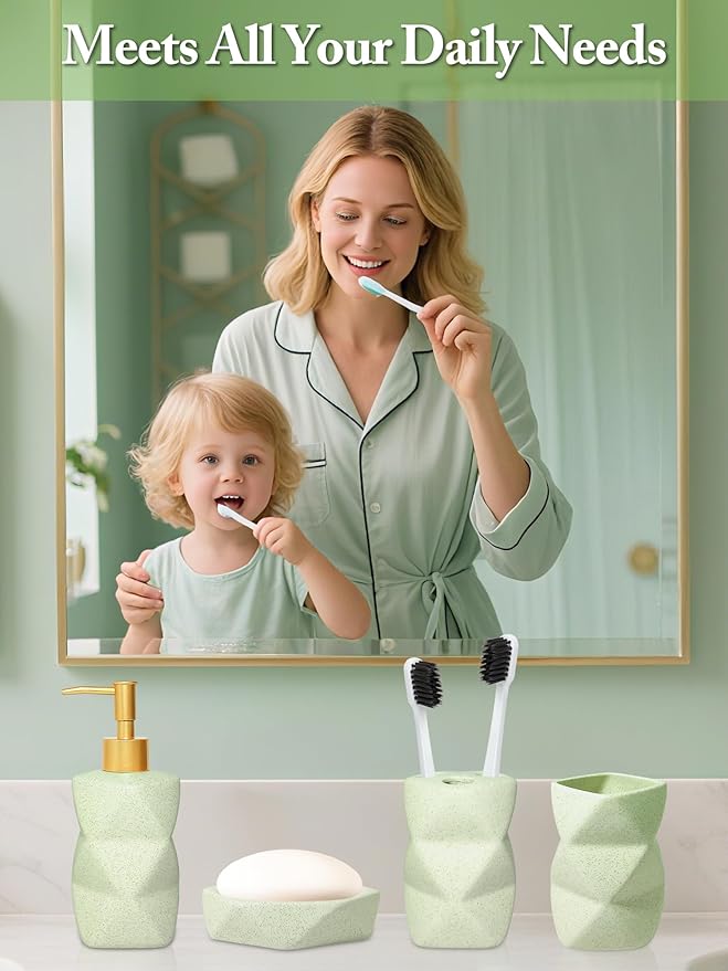 Ceramic Bathroom Accessories Set, 4-Piece Green Bathroom Set Complete with Soap Dispenser Set, Toothbrush Holder, Tumbler & Soap Dish – Bathroom Sets Accessories for Home, Apartment, Idea