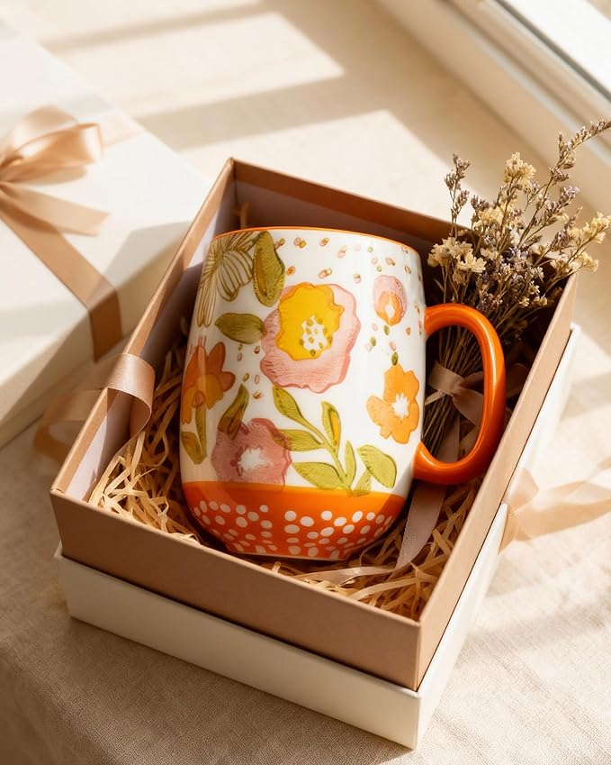 Large 24oz Ceramic Coffee Mug with Handle for Coffee or Tea, Hand-Painted Floral Pottery Mug for Women, Durable Microwave & Dishwasher Safe, Christmas Gift for Family, Holiday & Fall Decor