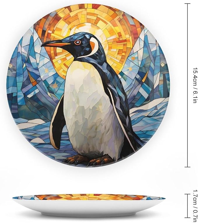 Decorative Plates for Wall Hanging, Lovely Penguin Watercolor Stained Glass Painting Ceramic Plate w/Display Stand, Home Decor for Kitchen Cabinets, Round Tray 6 Inch, Gift for Penguin Lovers