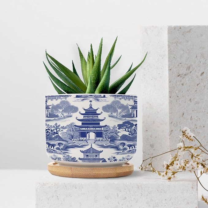 Chinoiserie Blue Asian Ceramic Planter Chinoiserie Chic Asian Flower Pots for Indoor Plants with Drainage Holes and Saucers Pot for Succulents Cactus Garden Windowsill