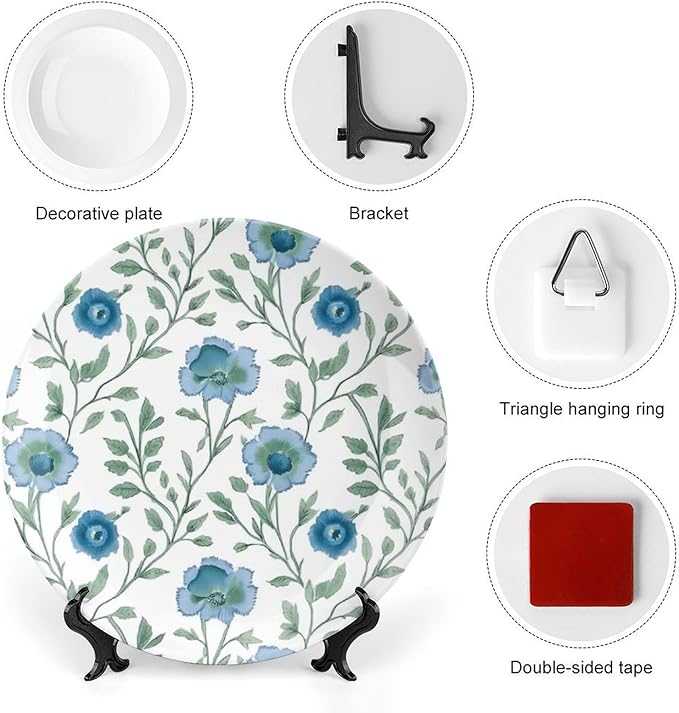Blue Mughal Flower Decorative Plate, Customize Dinner Plates for Wedding Kitchen Housewarming Gifts Decor, 1 Plate with 1 Display Stand Art Decorations for Home Office