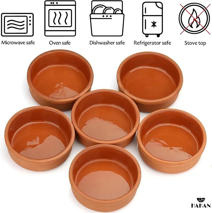 Hakan Hitit Clay Bowl Set of 6, Terracotta 4.5-inch Bowls, 8.5 Oz Glazed Inside Ancient Pottery, Cooking Clay Bowls in Box, Turkish Clay Yogurt Pots, Earthenware for Mexican Dishes, 6 Pcs, 250 cc