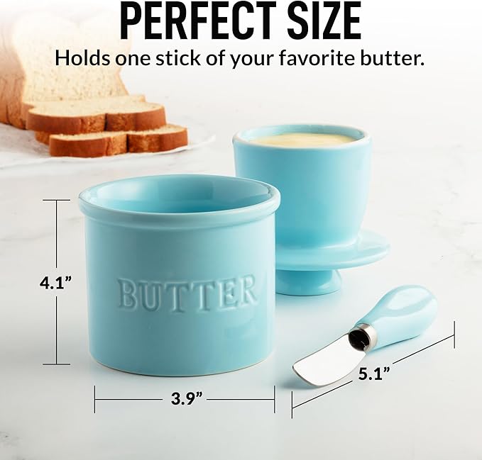 Zulay Kitchen Bell Shaped Butter Crock with Lid for Countertop with Water Line & Spreader Knife, Ceramic French Butter Dish Keeper For Fresh, Soft & Spreadable Butter - Light Blue