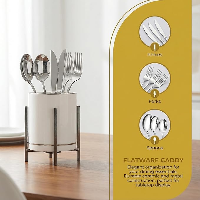 Fork and Spoon Holder Cute, Gold Spoon Stand, Countertop Silverware Holder, Small Utensil Holder for Kitchen Countertop, Ceramic Cup with Gold Trim, Kitchen Decor, 1 Pc
