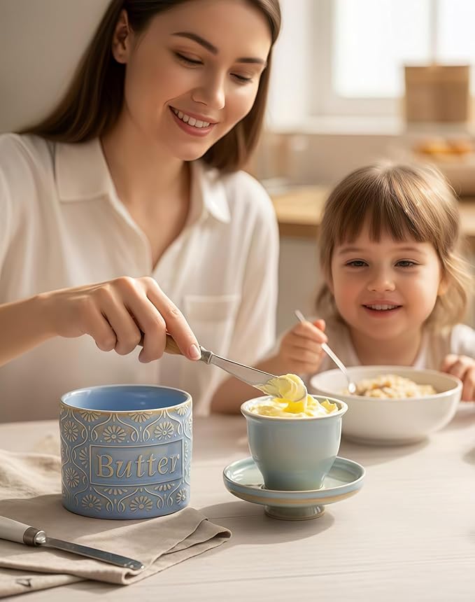 TEATALK Ceramic French Butter Crock - Vintage Relief Pattern Butter Keeper with Water Seal, 6.7oz Sky Blue Butter Dish for Fresh Spreadable Butter, Farmhouse Kitchen Decor & Gift