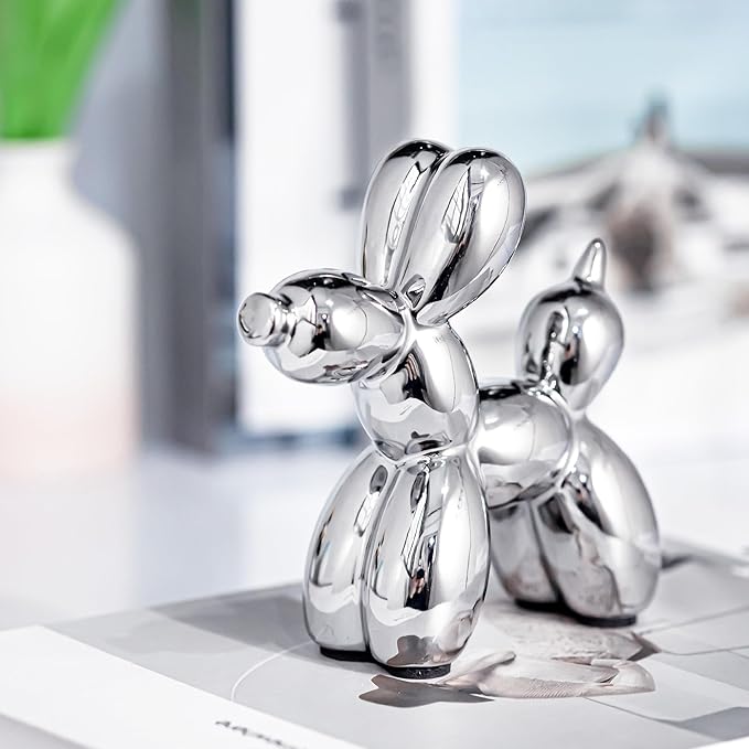 Creative Silver Balloon Dog Statues Small Ceramic Animal Sculpture Modern Home Decor Living Room Desktop Decorations Bedroom Office Cabinet Ornament (Silver)