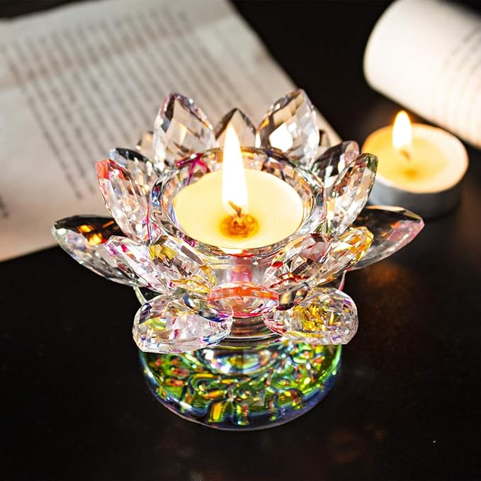 H&D HYALINE & DORA Colorful Crystal Lotus Flower Candle Holder Tealight Holders (4.5inch-Multi)