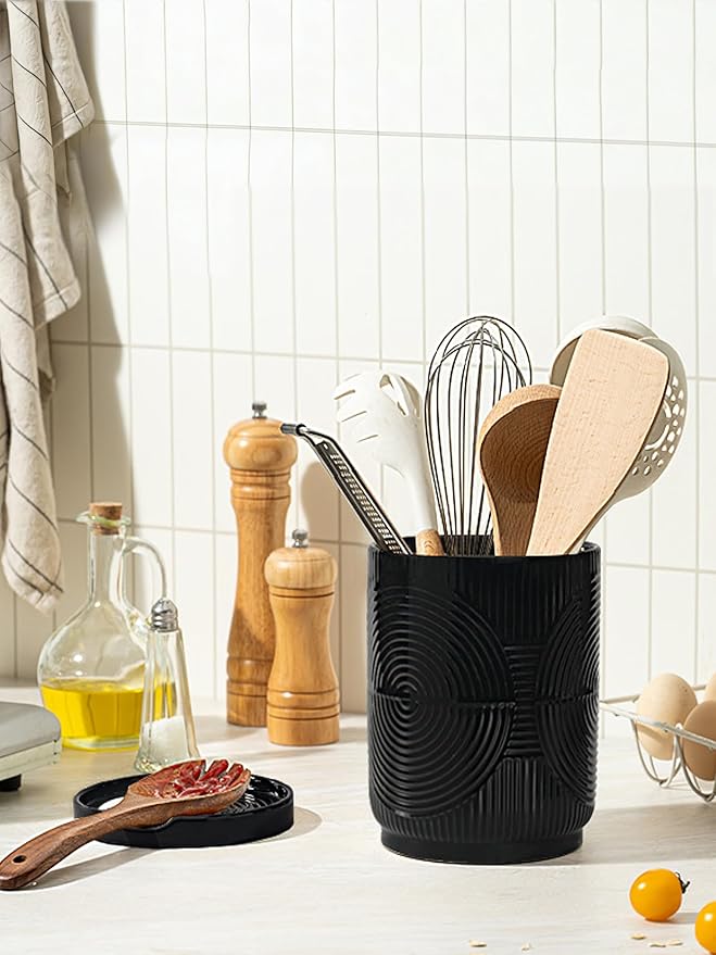 Utensil Holder, 7.2" Kitchen Utensil Holder for Counter, 2-in-1 Ceramic Cooking Utensils Holders with Spoon Rest, Utensil Crock for Spatula, Ideal Housewarming Gift (Black)