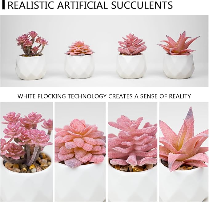 VIVERIE Mini Faux Succulents Plants Artificial in Pots-Rose Pink Desk Accessories, Small Fake Succulents Plants for Home Decor Indoor for Women, White Ceramic, Set of 4